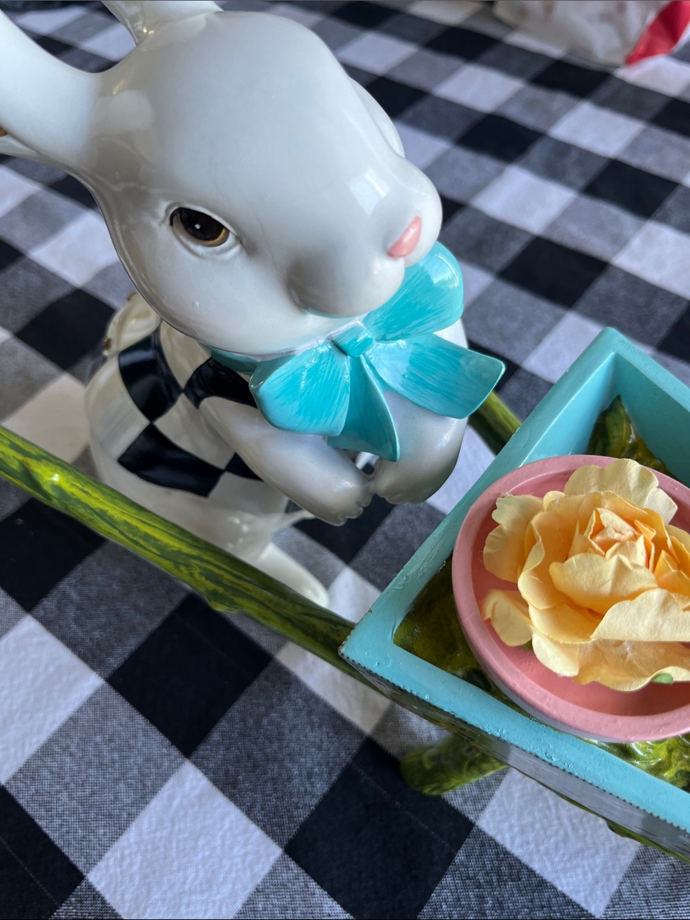 Mackenzie - Childs Bunny with Turquoise Bow and Floral cart! Two pieces. EUC